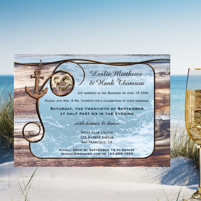 Nautical Anchor Post or After Wedding Invitation (After wedding invitation featuring an ocean framed by rustic wood, an anchor and rope knot)
