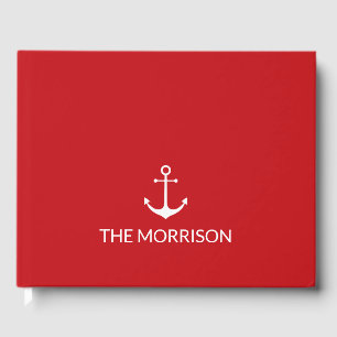 Nautical anchor red Custom Boat Name elegant Guest Book