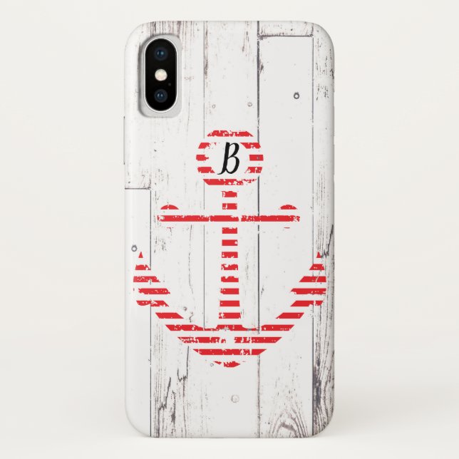 Nautical Anchor Red Stripes White Wood Case-Mate iPhone Case (Back)
