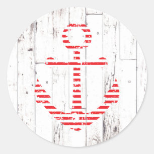 Nautical Anchor Red Stripes White Wood Party Classic Round Sticker