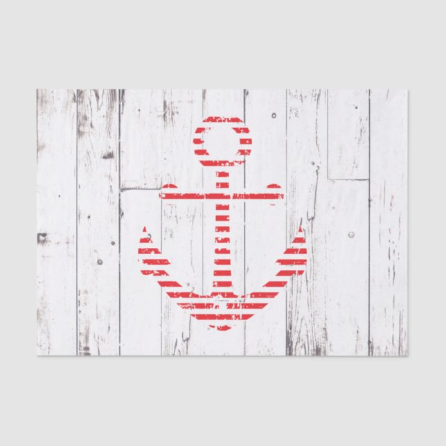 Nautical Anchor Red Stripes White Wood Party Tissue Paper (Front)