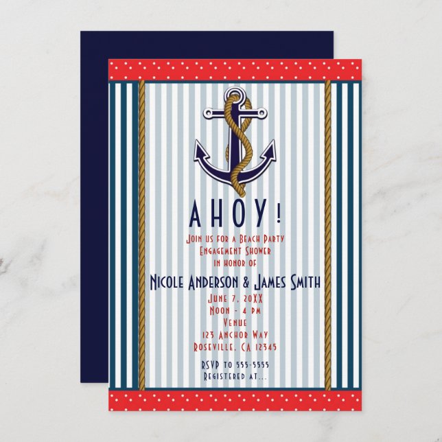 Nautical Anchor Red White Blue Stripes & Dots Invitation (Front/Back)