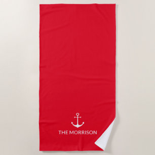 Nautical anchor red white Custom Boat Name solid Beach Towel