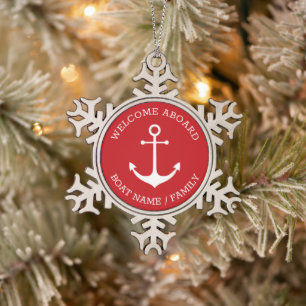 Nautical anchor red white Custom Welcome Aboard Snowflake Pewter Christmas Ornament