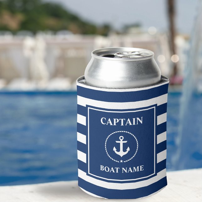 Nautical Anchor Rope Blue Striped Boat Captain Can Cooler (Customize to change text size or text style.)