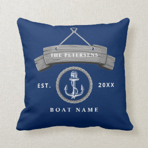 Nautical anchor rope boat name navy blue cushion