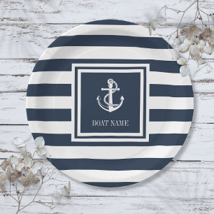Nautical Anchor Rope Boat Name Navy Blue Striped Paper Plate