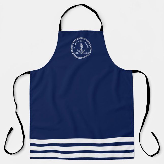 Nautical Anchor & Rope Boat Name Navy Blue & White Apron (Front)