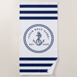 Nautical Anchor & Rope Boat Name Navy Blue & White Beach Towel