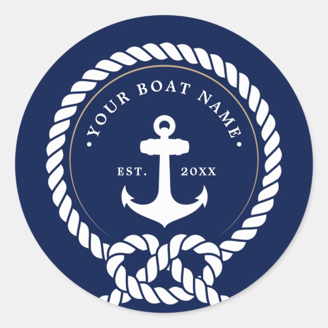 Nautical Anchor & Rope Boat Name Navy Blue & White Classic Round Sticker (Front)