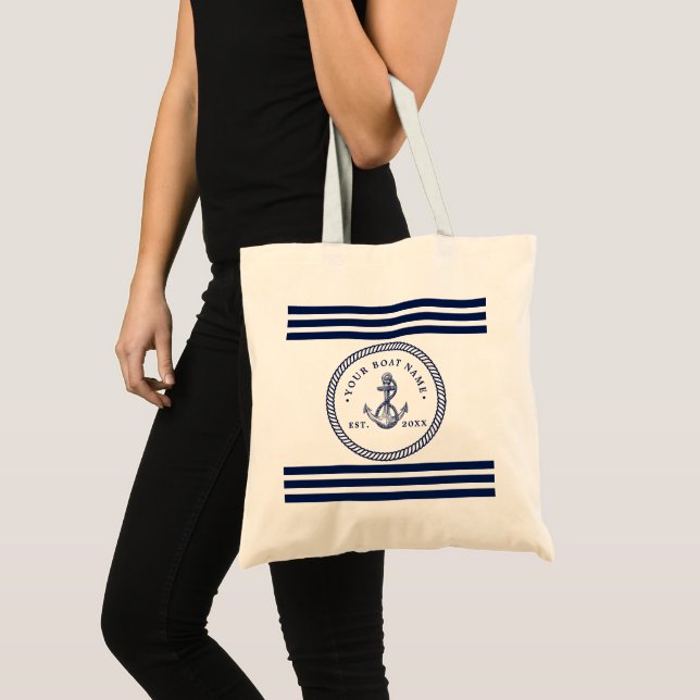 Nautical Anchor & Rope Boat Name Navy Blue & White Tote Bag (Front (Product))