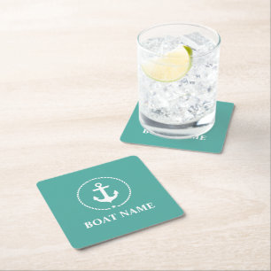 Nautical Anchor Rope Boat Name Square Paper Coaster