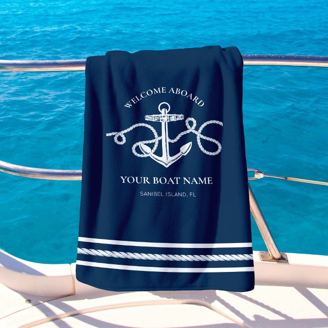 Nautical Anchor Rope Boat Name Welcome Aboard Navy Beach Towel (Creator Uploaded)