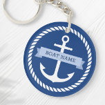 Nautical anchor rope border boat name keys key ring<br><div class="desc">Acrylic keychain for your boat keys featuring a white nautical anchor surrounded by a rope border on a dark blue background. Across the anchor is a light blue ribbon with a template field for your boat's name.</div>