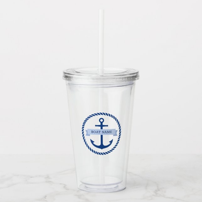Nautical anchor rope border boat name on banner acrylic tumbler (Front)