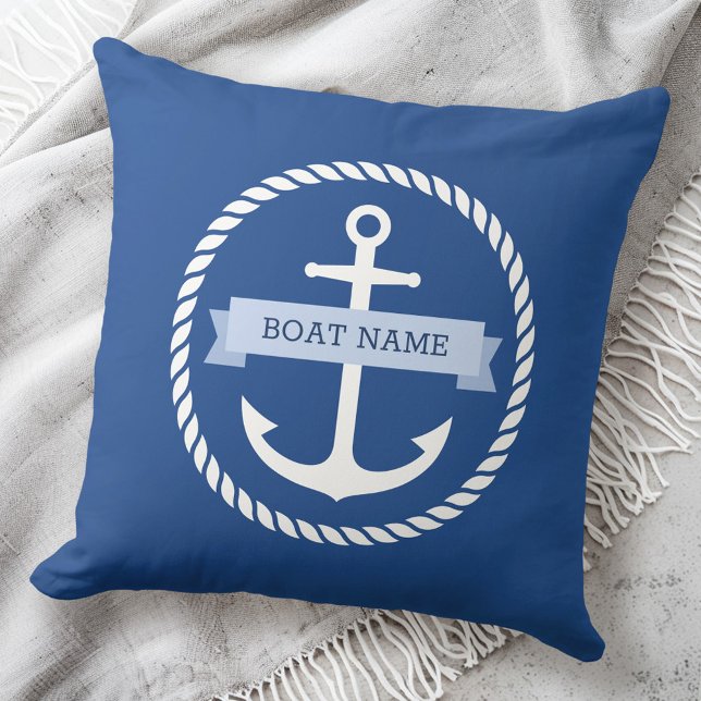Nautical anchor rope border boat name on banner cushion (Nautical anchor rope border boat name on banner throw pillow)