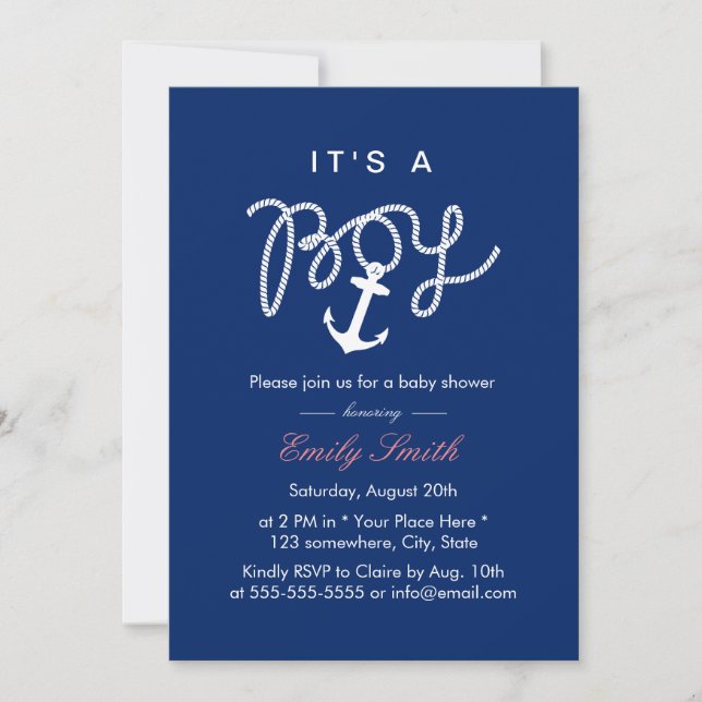 Nautical Anchor & Rope Boy Baby Shower Invitation (Front)