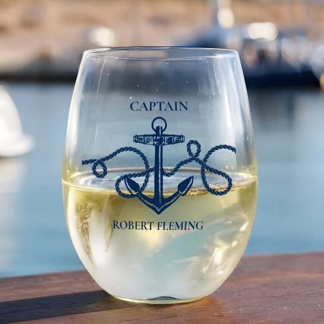 Nautical Anchor Rope Captain Name Stemless Wine Glass (Creator Uploaded)