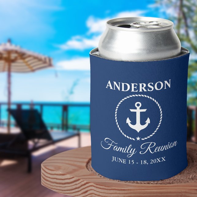 Nautical Anchor Rope Family Reunion Navy Blue Can Cooler (Customize to change text size or text style.)