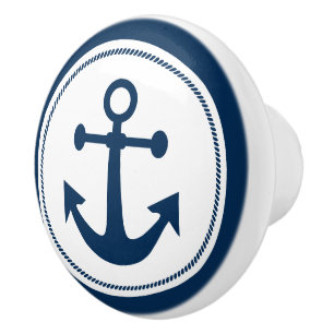 Nautical Anchor Rope Navy Blue and White Ceramic Knob
