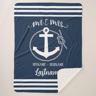 Nautical Anchor Rope Navy Blue Mr & Mrs Sherpa Blanket