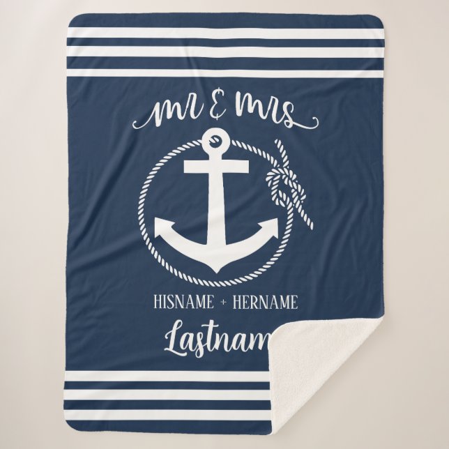 Nautical Anchor Rope Navy Blue Mr & Mrs  Sherpa Blanket (Front)
