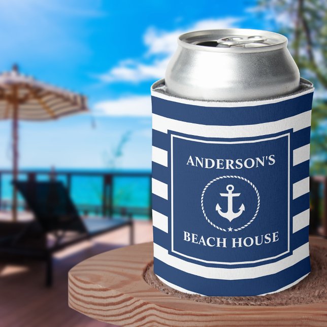 Nautical Anchor Rope Navy Blue Striped Beach House Can Cooler (Customize to change text size or text style.)