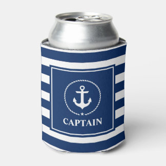 Nautical Anchor Rope Navy Blue Striped Captain Can Cooler
