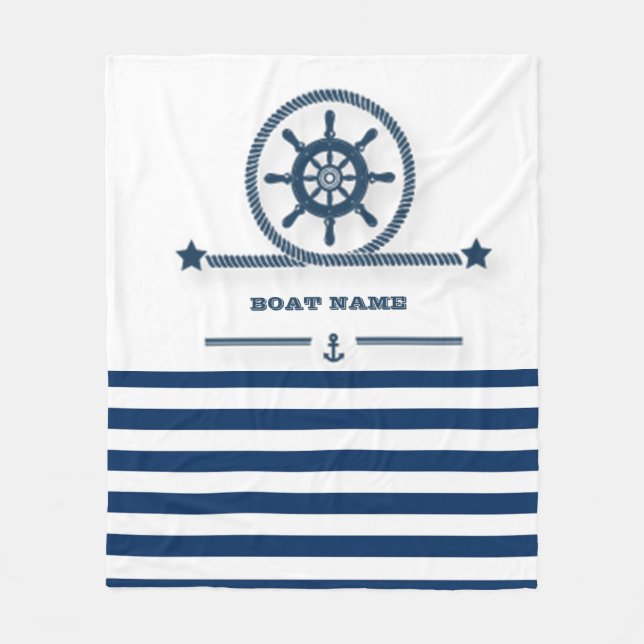 Nautical,Anchor,Rope Navy Blue Stripes Fleece Blanket (Front)