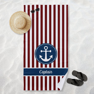 Nautical Anchor Rope Navy Red White Stripes Custom Beach Towel