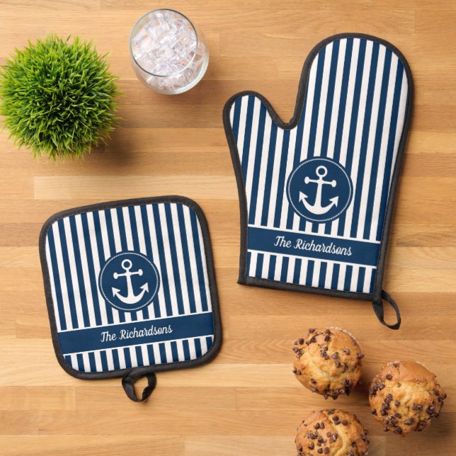Nautical Anchor Rope Navy White Stripes Custom Oven Mitt & Pot Holder Set (Top Down)
