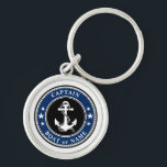 Nautical Anchor Rope & Stars Captain or Boat Name Key Ring<br><div class="desc">A Custom Nautical Anchor & Rope with Your Personalized Captain Name or Boat Name,  Navy Blue Black and White keychain.</div>