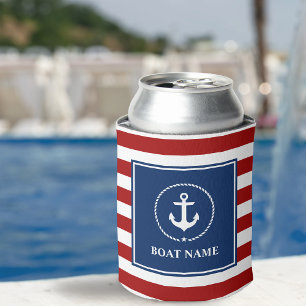 Nautical Anchor Rope Striped Boat Name RWB Can Cooler