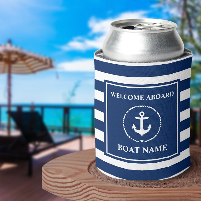 Nautical Anchor Rope Striped Boat Name Welcome Can Cooler (Customize to change text size or text style.)