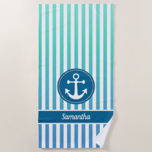 Nautical Anchor Rope Turquoise Ocean Blue Stripes Beach Towel