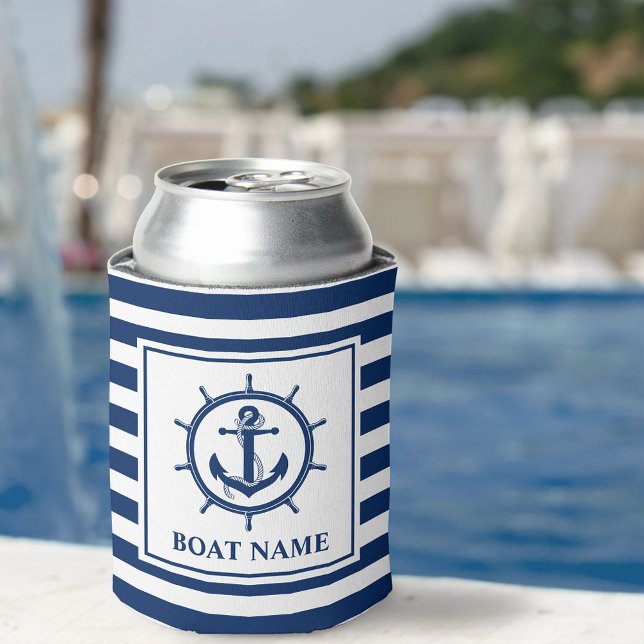 Nautical Anchor Rope Wheel Striped Boat Name Can Cooler (Customize to change text size or text color.)