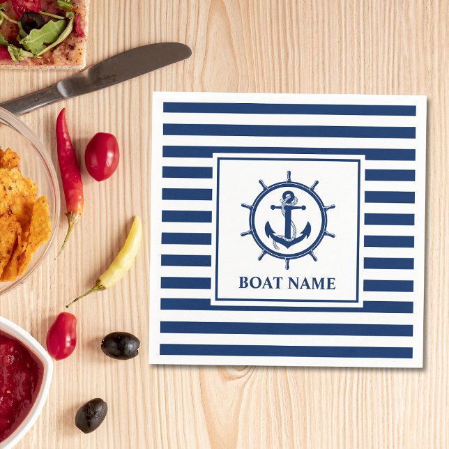 Nautical Anchor Rope Wheel Striped Boat Name Napkin (Customize to change text size or text style. )