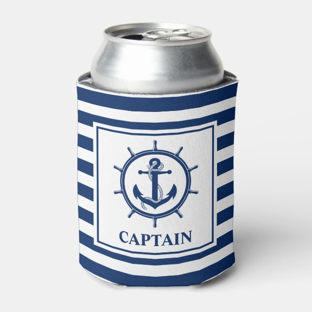 Nautical Anchor Rope Wheel Striped Captain Can Cooler (Can Front)
