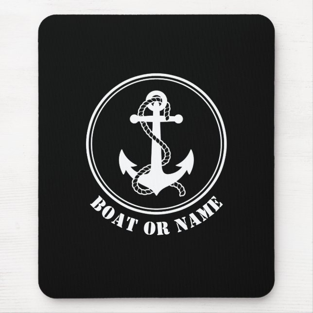 Nautical Anchor & Rope Your Boat or Name Black Mouse Pad (Front)