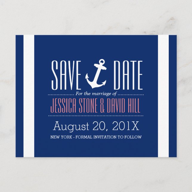 Nautical Anchor Royal Blue Wedding Save the Date Announcement Postcard (Front)