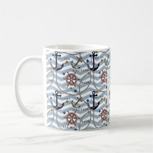 Nautical anchor rudder blue white stripe zigzag coffee mug