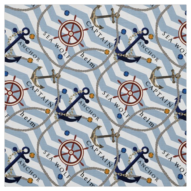 Nautical anchor rudder blue white stripe zigzag fabric (Swatch)