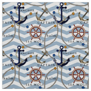Nautical anchor rudder blue white stripe zigzag fabric