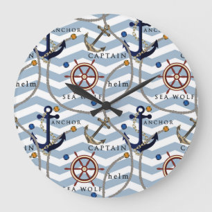 Nautical anchor rudder blue white stripe zigzag large clock