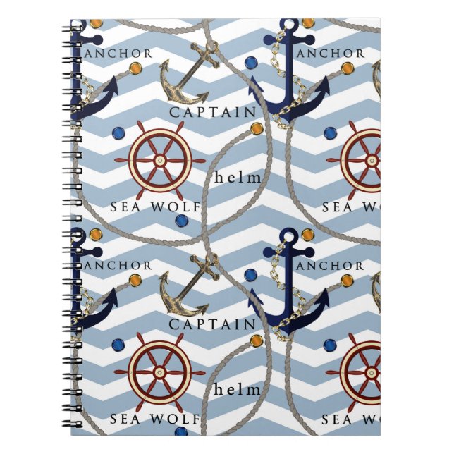Nautical anchor rudder blue white stripe zigzag notebook (Front)