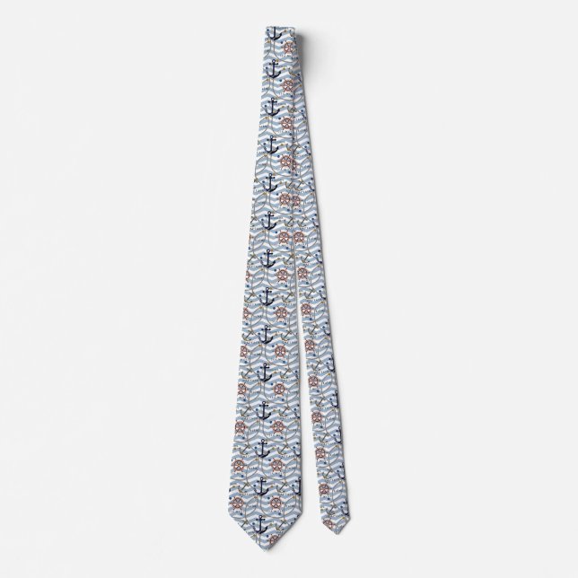 Nautical anchor rudder blue white stripe zigzag tie (Front)