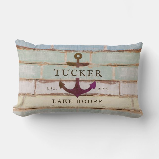 Nautical Anchor Rustic Family Name Lake House Lumbar Cushion (Front)