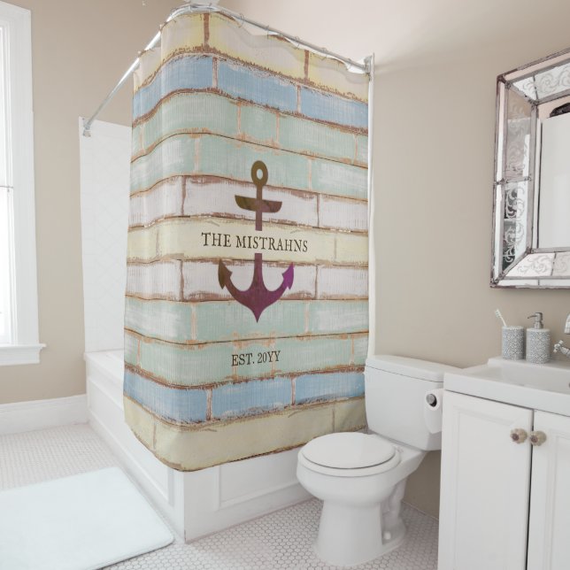 Nautical Anchor Rustic Wood Boat Name Bathroom Shower Curtain (In Situ)