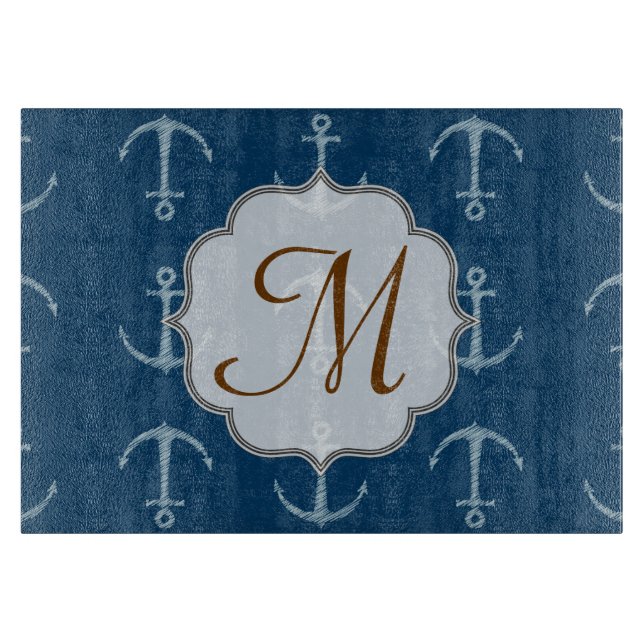 Nautical Anchor Sail Monogram Glass Cutting Board (Front)