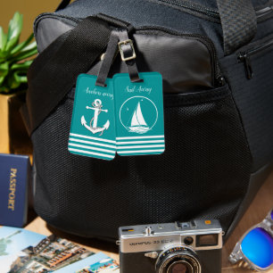 Nautical anchor/sailboat silhouette/sail away/aqua luggage tag